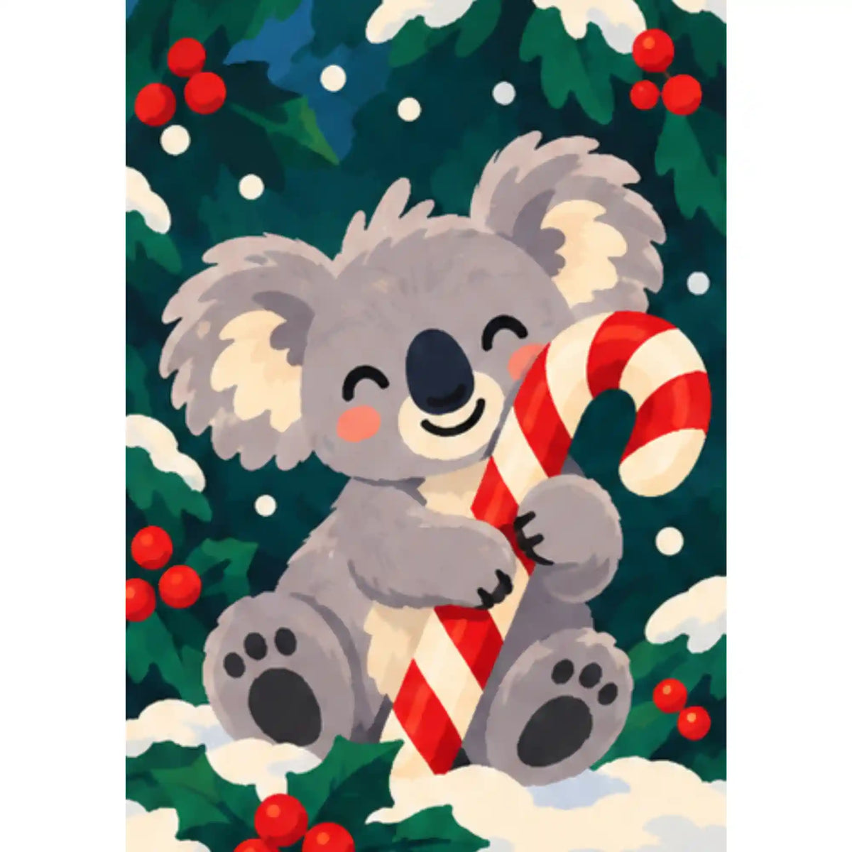Malen nach Zahlen: Koala mit Zuckerstange zwischen verschneiten Tannenzweigen und roten Beeren, Weihnachtsmotiv