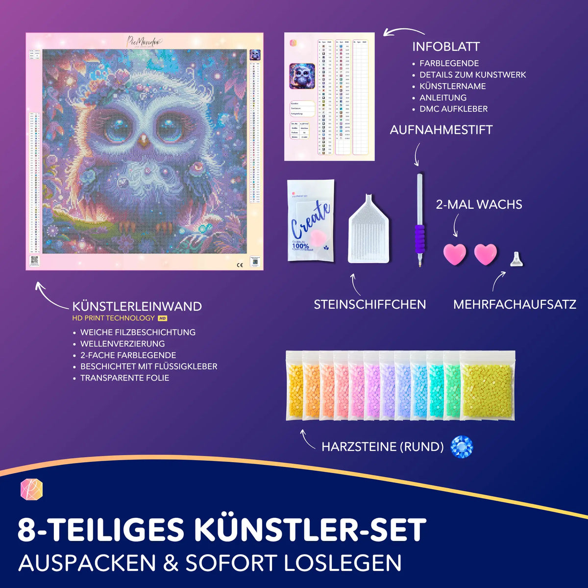 Diamond Painting Set Eli mit niedlicher Eule, Leinwand, runden Steinen und Zubehör für ein magisches Bastelerlebnis.