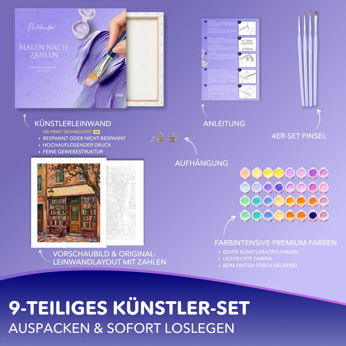 Malen nach Zahlen Set Wo Geschichten wohnen mit Leinwand, Acrylfarben und Pinseln für kreative Erwachsene