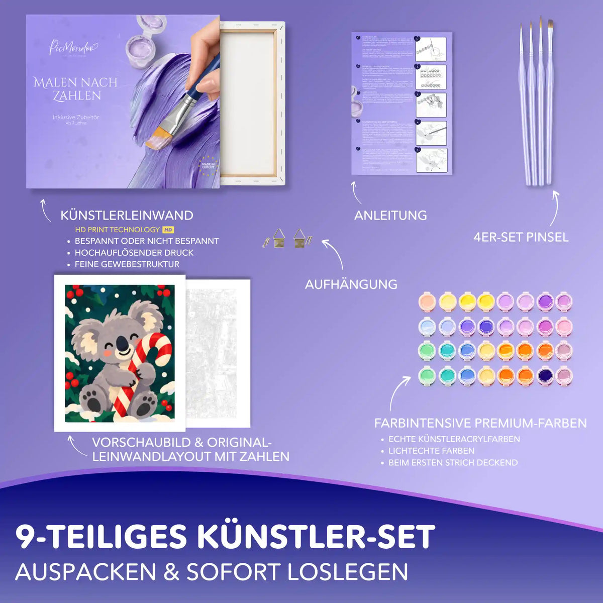 Malen nach Zahlen Set mit Koala und Zuckerstange: Leinwand, 4 Pinsel, Acrylfarben, Anleitung und Aufhängung