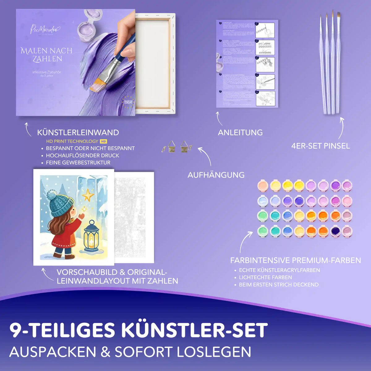 Malen nach Zahlen Set mit Winter-Motiv Mädchen und Laterne, Leinwand, 4 Pinseln, Acrylfarben, Anleitung und Aufhängung