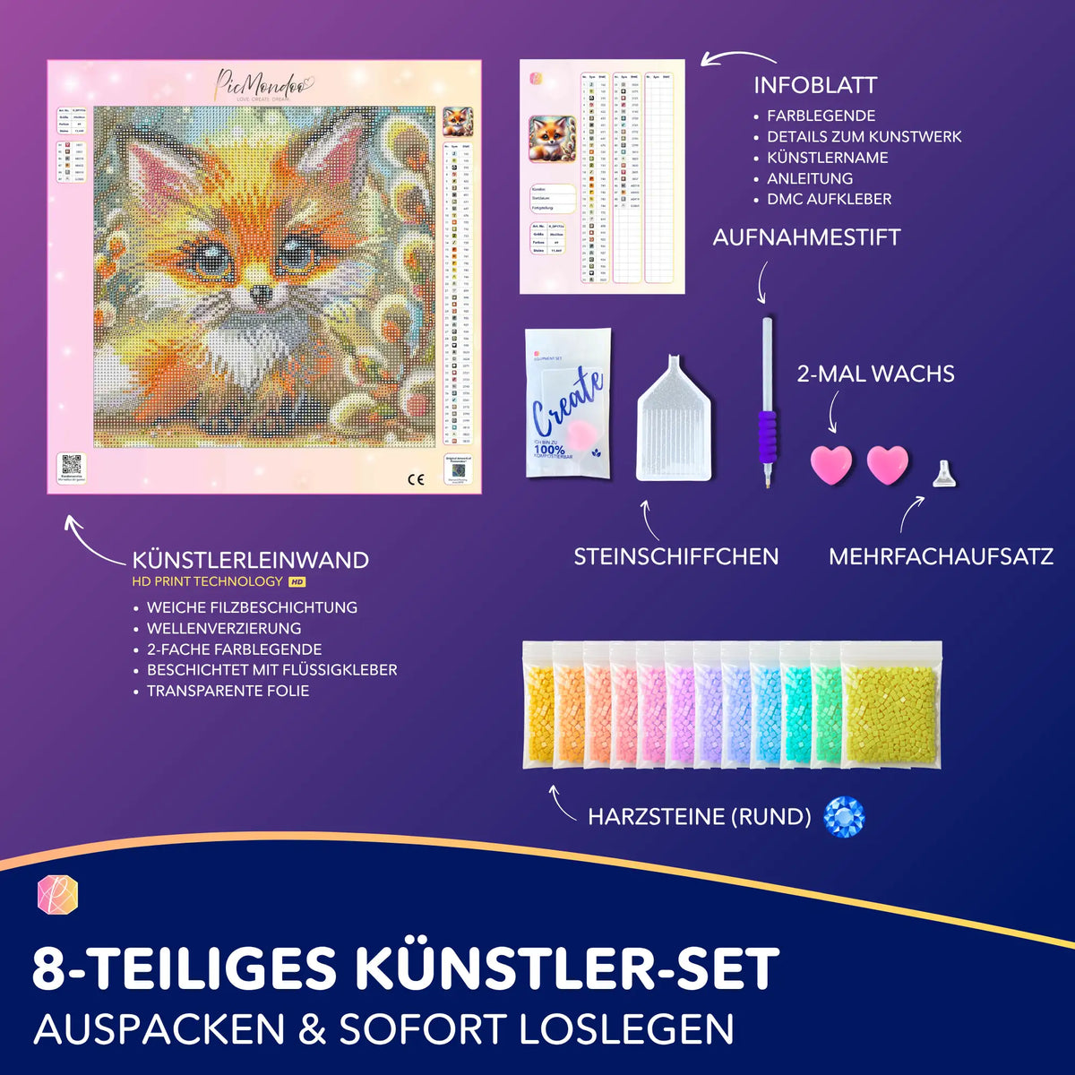 Diamond Painting Set Fuchs mit runden Steinen, Leinwand, Stift und Zubehör für DIY Kunstwerke.