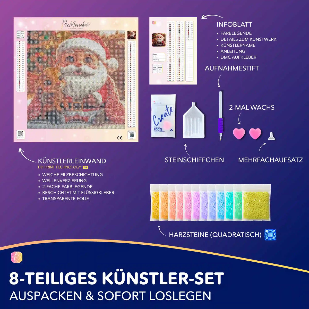 Diamond Painting Set Kuschlige Weihnachtszeit mit Weihnachtsmann, Rentier, quadratischen Steinen und Zubehör.