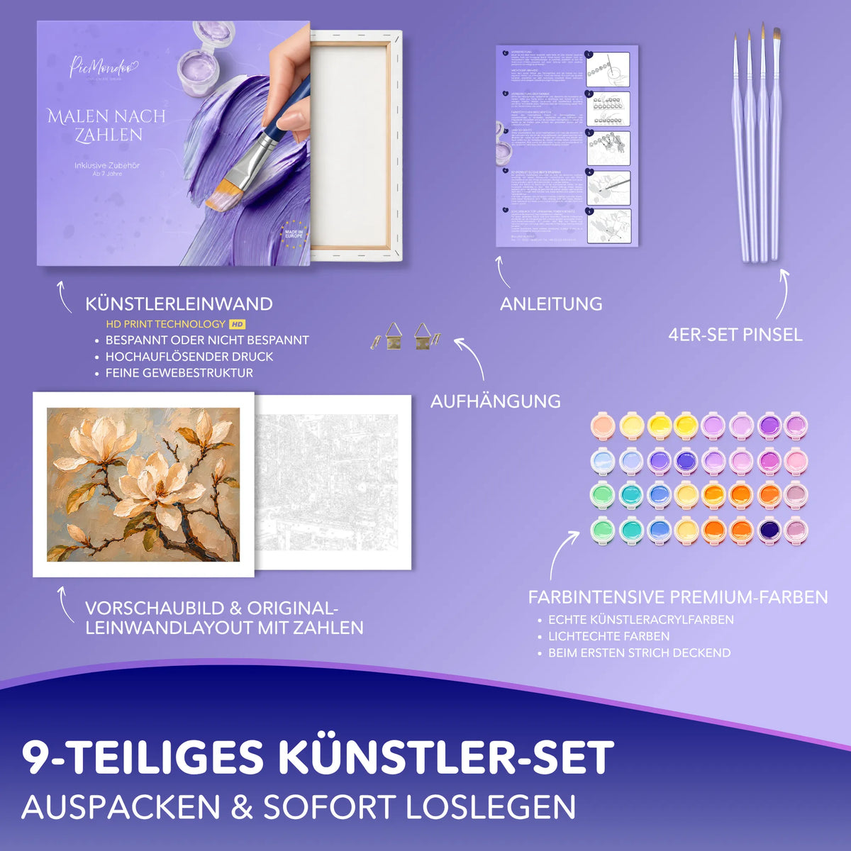 Malen nach Zahlen Set Magnolienzeit mit Leinwand, Acrylfarben und Pinseln für Erwachsene und kreative DIY-Fans.