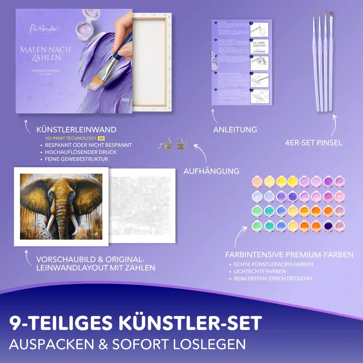 Malen nach Zahlen Erwachsene Set Elefant: Leinwand, Acrylfarben und Pinsel im Picmondoo DIY-Künstler-Set