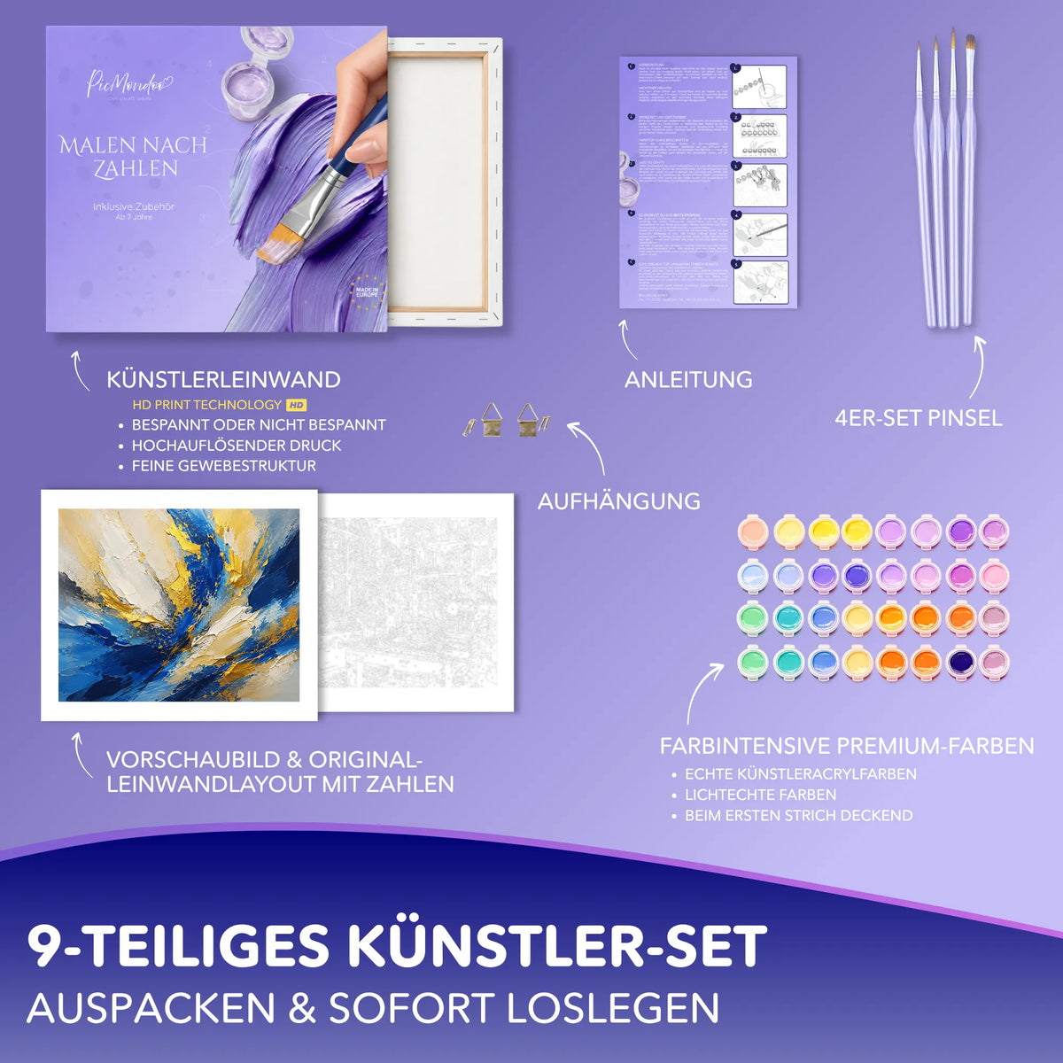 Malen nach Zahlen Set Im Rausch der Farben mit Leinwand, Acrylfarben, Pinseln und Anleitung von Picmondoo