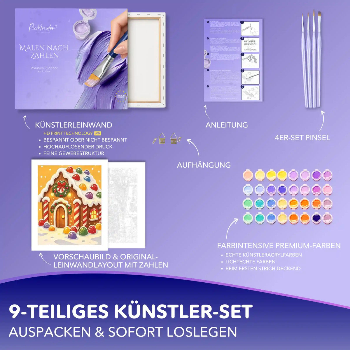 Malen nach Zahlen Set Lebkuchenhaus: Leinwand, 32 Acrylfarben, 4 Pinsel, Anleitung und Aufhängung im 9-teiligen Künstler-Set