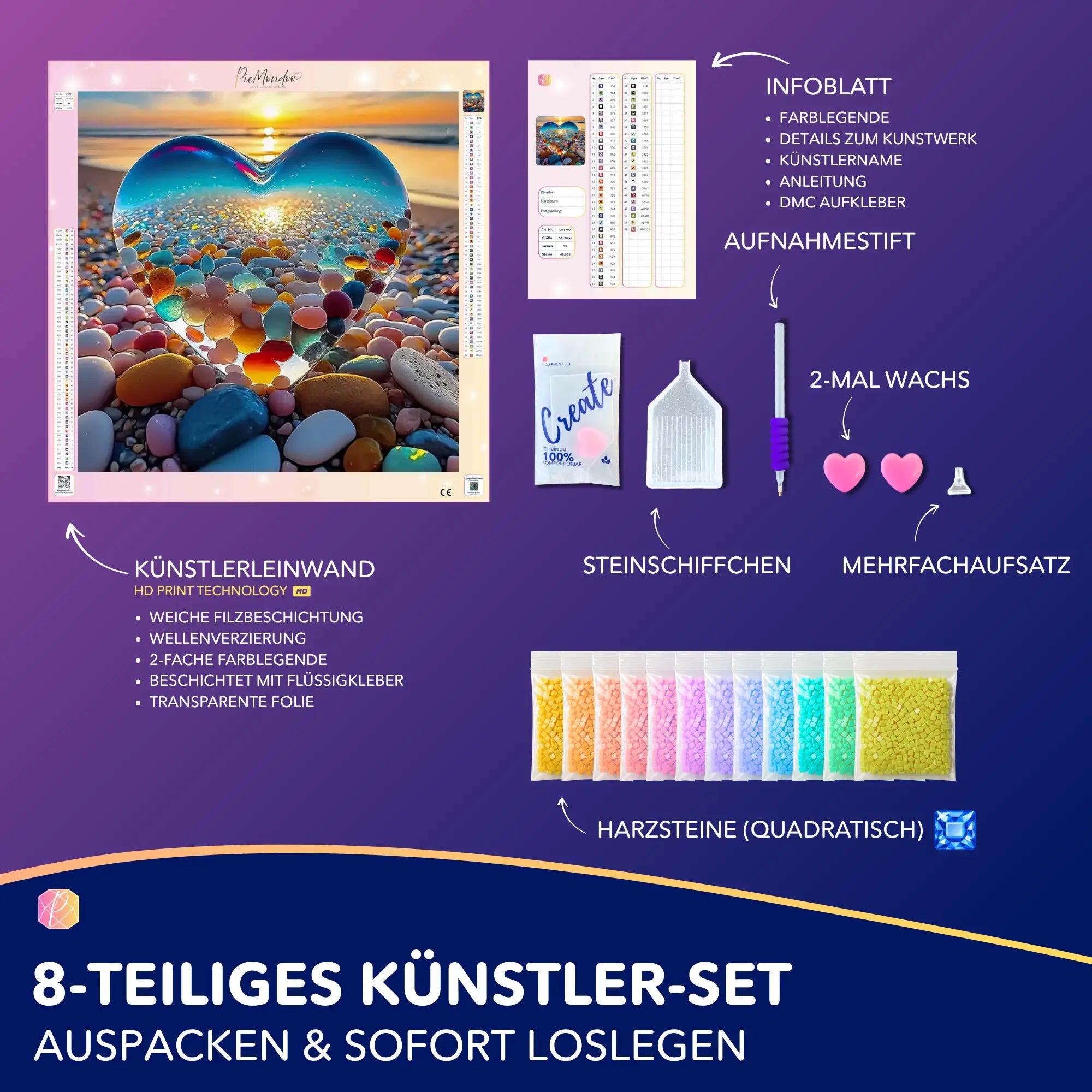 8-teiliges Diamond Painting Set Herz des Meeres mit Leinwand, bunten Harzsteinen und Bastelzubehör zum sofort Loslegen.