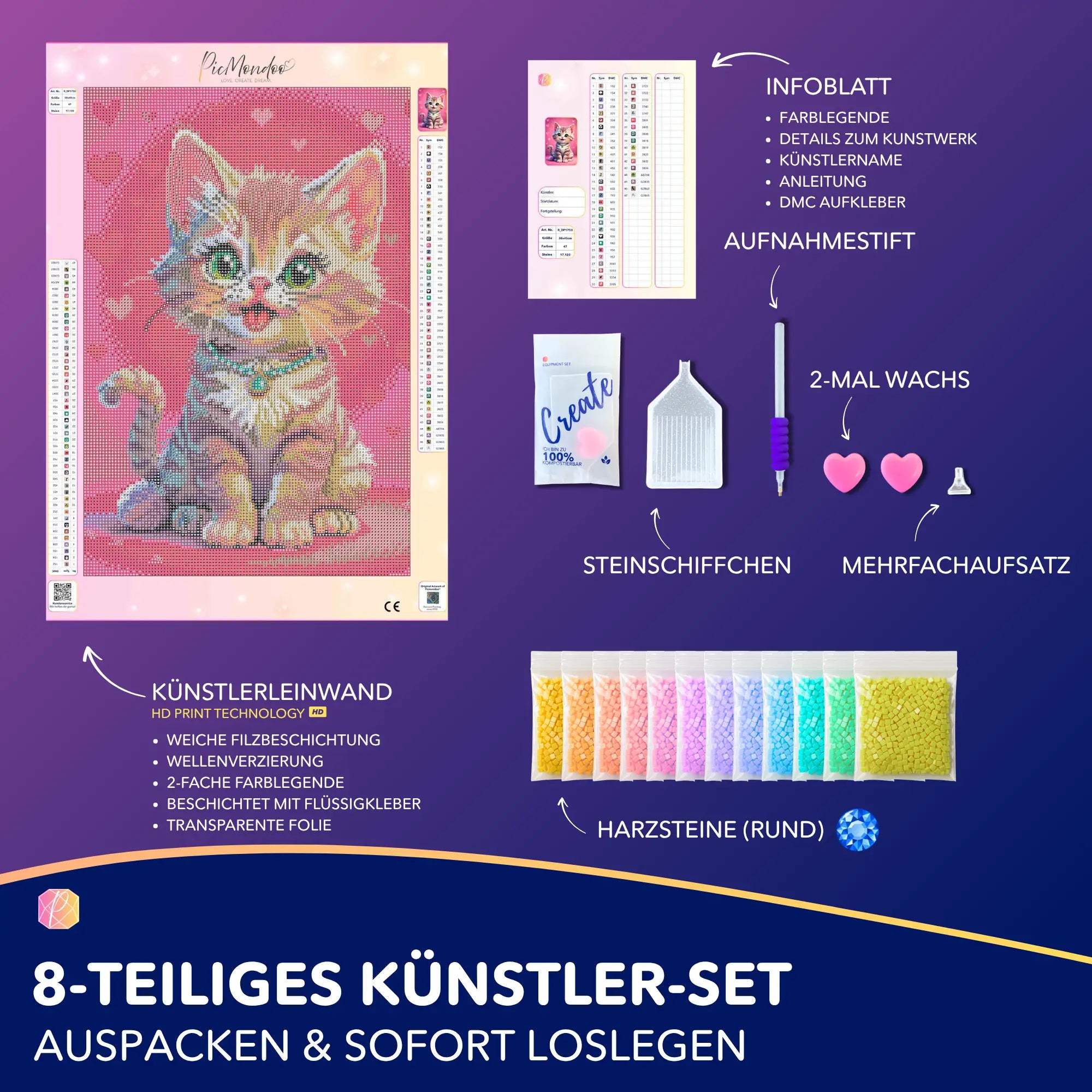 Diamond Painting Set Pippa mit süßem Kätzchen Motiv, runden Glitzersteinen, Leinwand und Zubehör zum Basteln.
