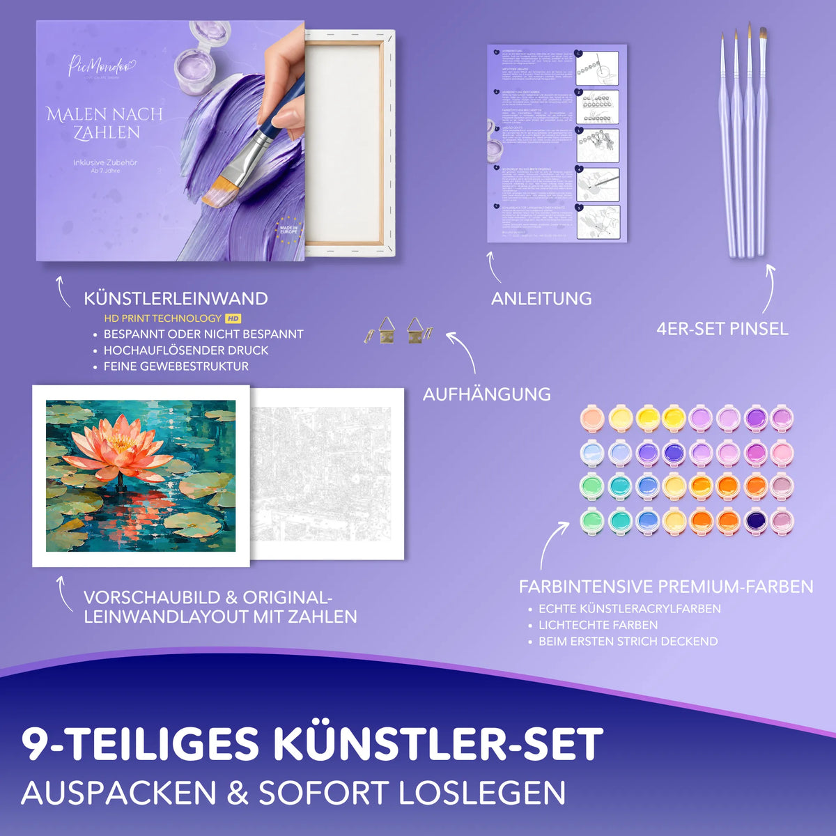 Picmondoo Malen nach Zahlen Set Leuchtende Stille mit Leinwand, Acrylfarben und Pinseln für Erwachsene und Kinder.