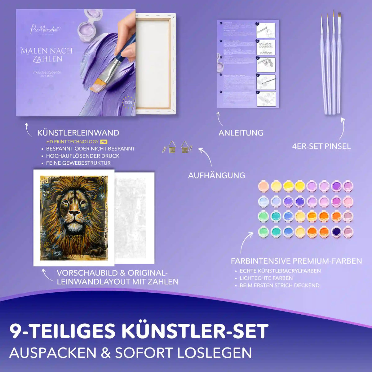 Malen nach Zahlen Set Erbe des Feuers: Löwen-Motiv, Acrylfarben, Pinsel und nummerierte Leinwand.