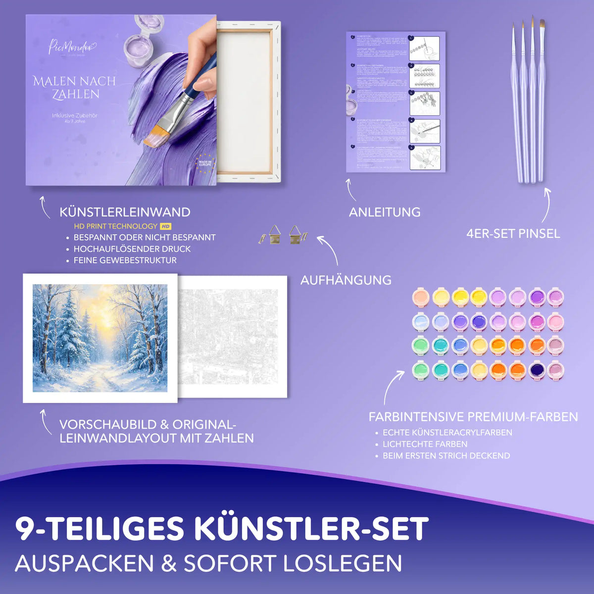 Malen nach Zahlen Set Zauber des Winters mit Leinwand, Acrylfarben, Pinseln und Anleitung für Erwachsene