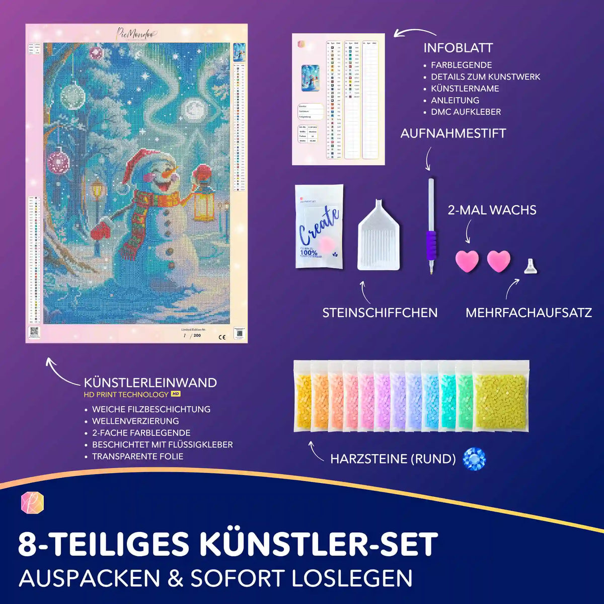 Diamond Painting Set: Schneemann-Motiv auf Leinwand mit runden Steinen, Stift und Bastelzubehör