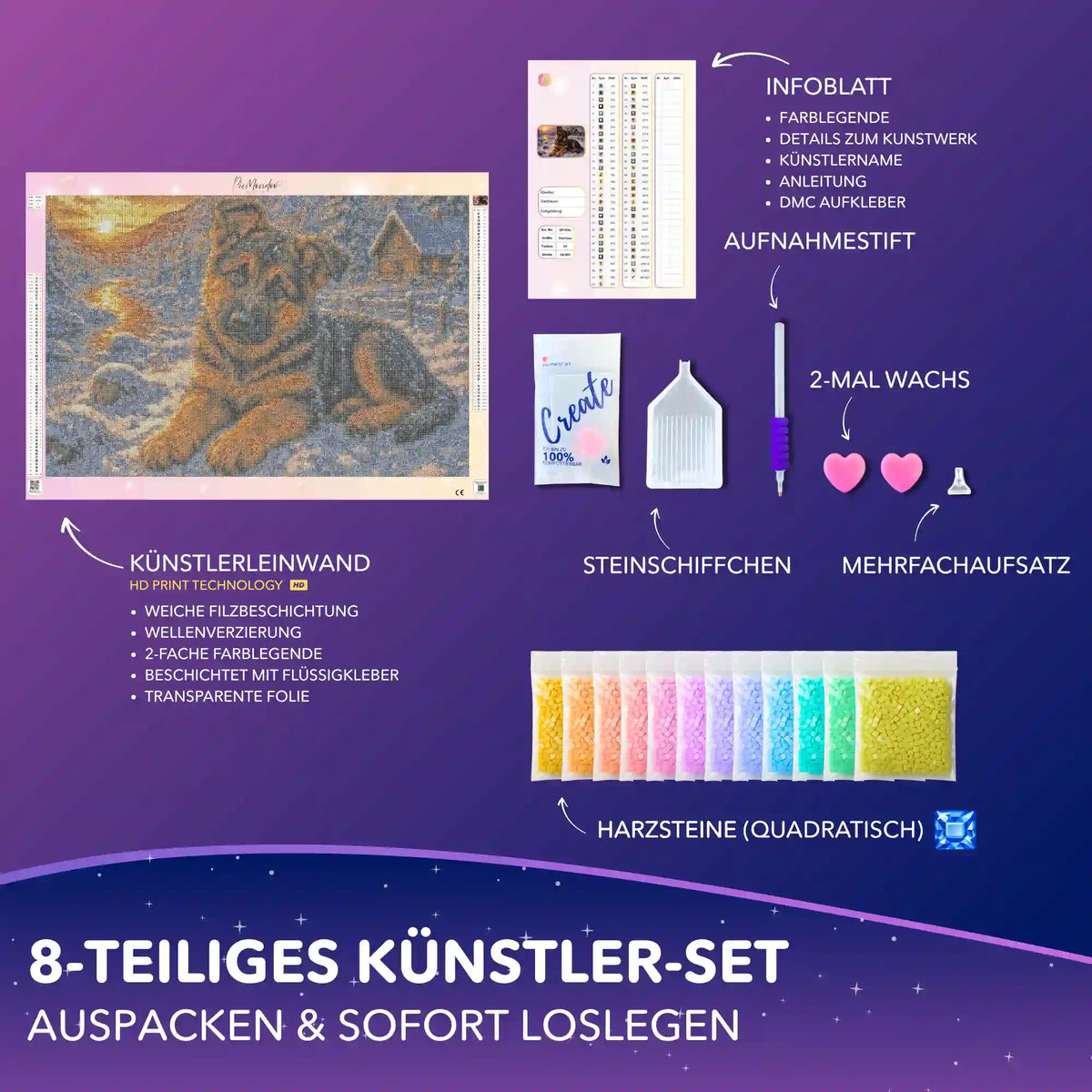 Diamond Painting Set Schäferhund-Welpe im Winter mit Leinwand, eckigen Steinen und Zubehör