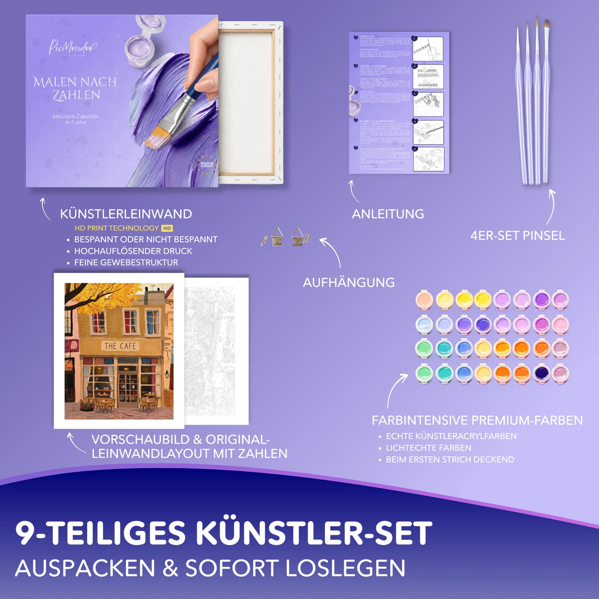 Malen nach Zahlen Set Ein Platz am Fenster mit Leinwand, Premium-Acrylfarben, Pinsel und Anleitung für Erwachsene