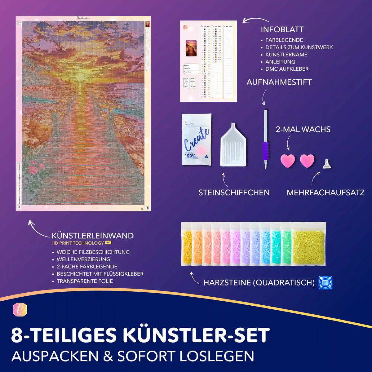 Diamond Painting Set mit Steg am Meer bei Sonnenuntergang, inklusive Leinwand, bunten Harzsteinen und Zubehör.