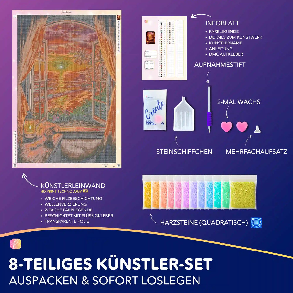 Diamond Painting Set Goldene Stille: Leinwand mit Sonnenuntergang am Meer inklusive Zubehör und Steinchen.