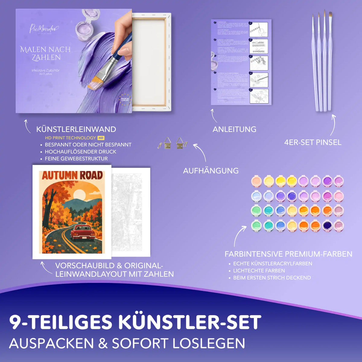 Malen nach Zahlen Set Autumn Road: Leinwand, Acrylfarben, 4 Pinsel, Anleitung und Aufhängung für Erwachsene