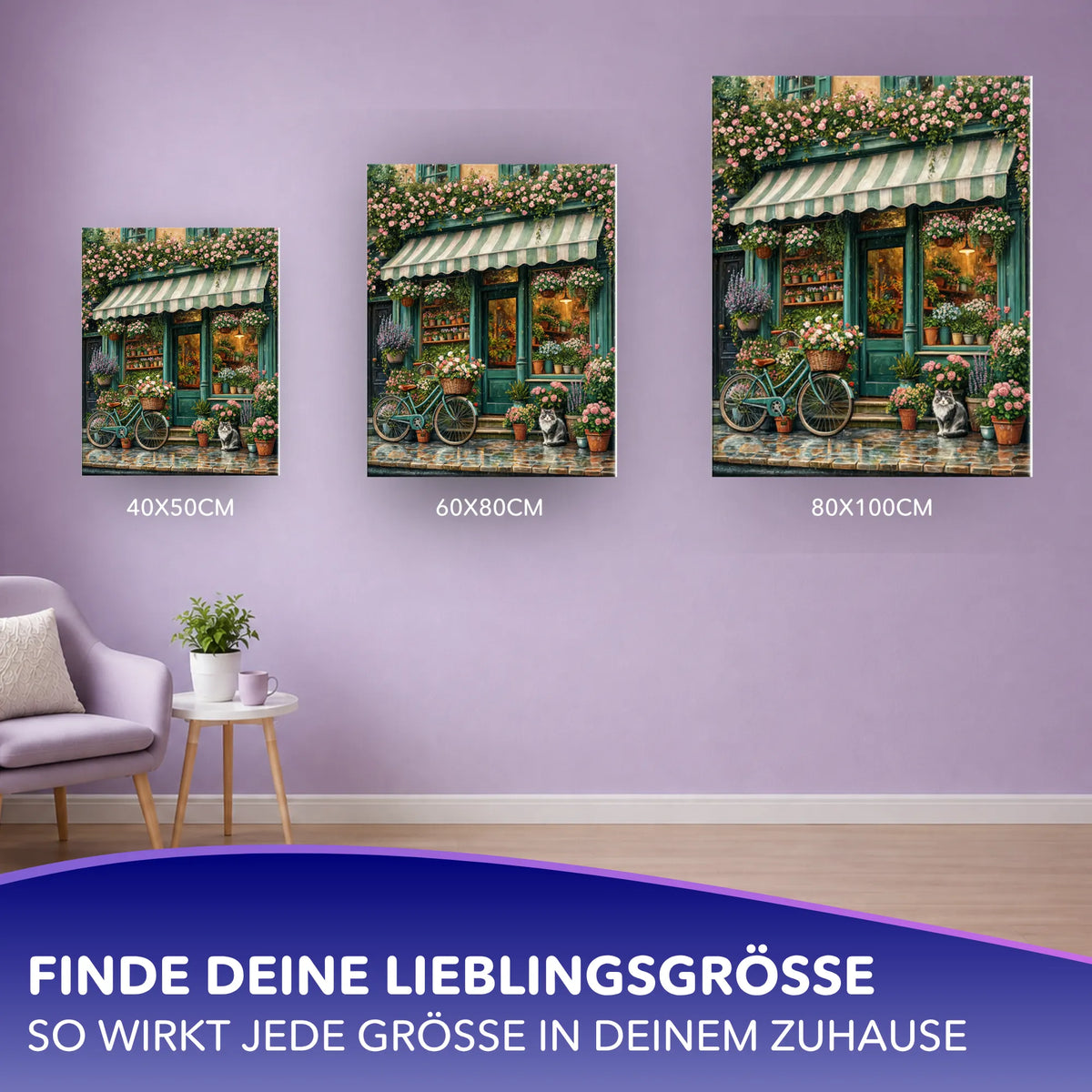 Malen nach Zahlen für Erwachsene Motiv Der kleine Blumenladen in verschiedenen Größen an einer Wand präsentiert