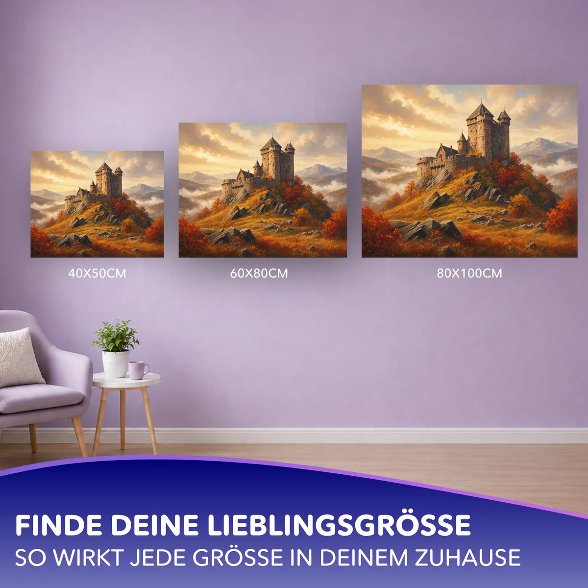 Malen nach Zahlen für Erwachsene Motiv Goldener Herbstzauber mit Burg in verschiedenen Formaten an der Wand
