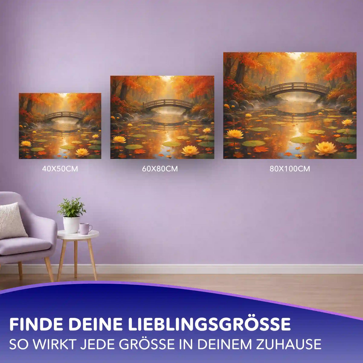 Malen nach Zahlen Erwachsene: Größenvergleich Herbstliche Wasserruhe mit Brücke in 40x50, 60x80 und 80x100 cm.