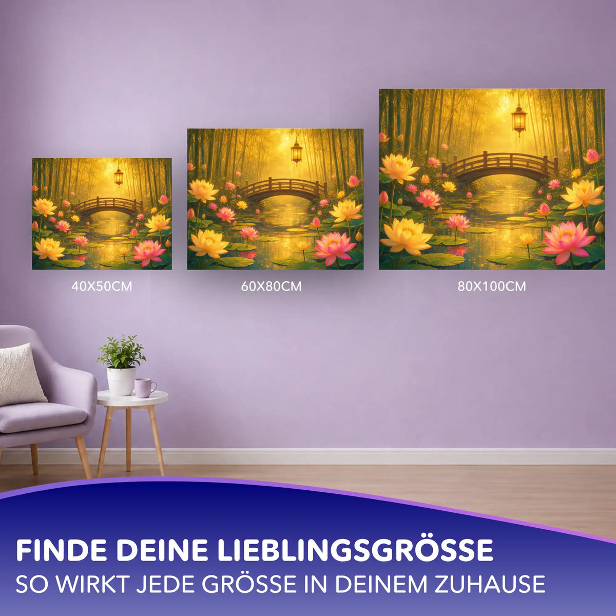 Malen nach Zahlen für Erwachsene: Stiller Goldzauber Motiv mit Bambushain, Brücke und Lotusblüten in verschiedenen Größen