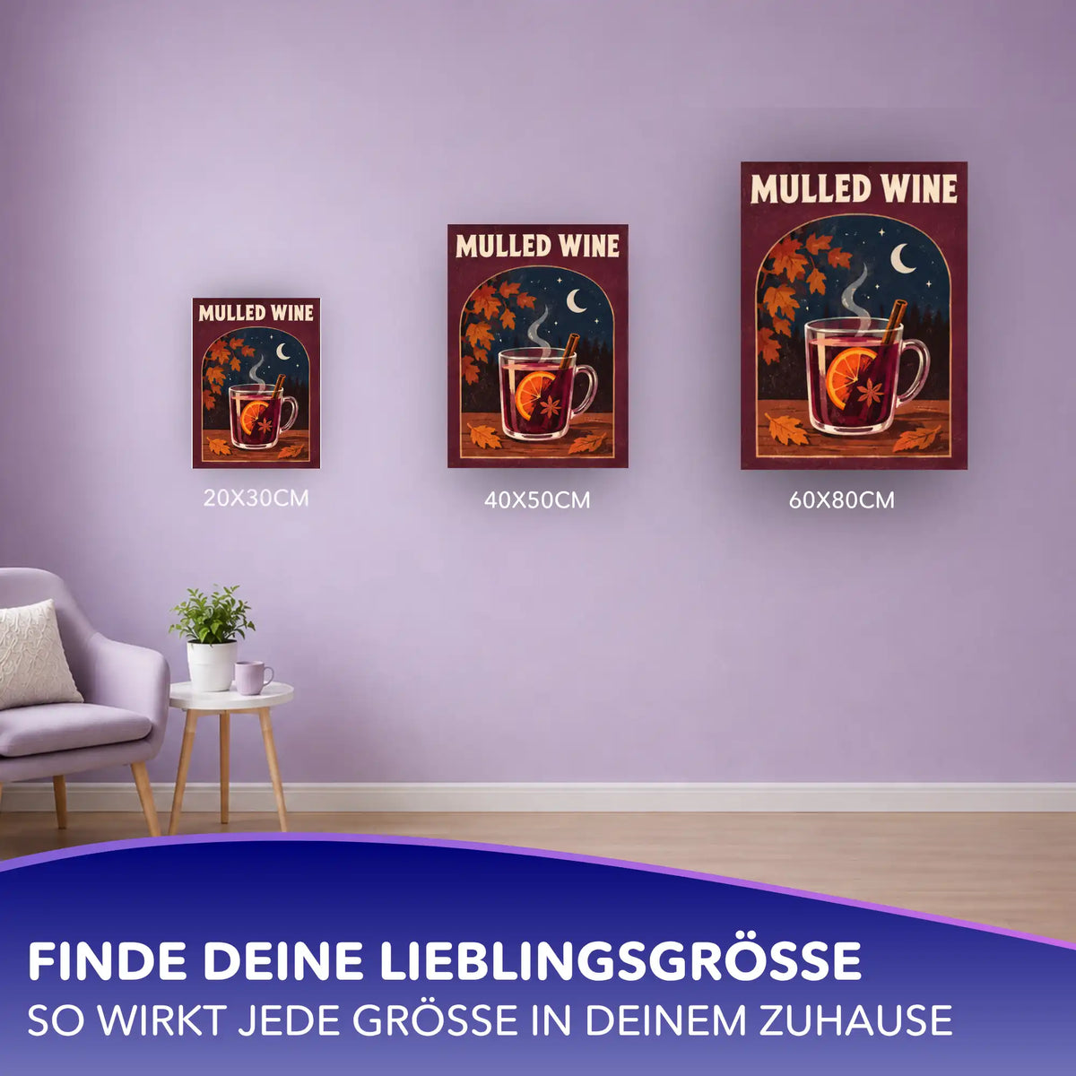 Malen nach Zahlen Mulled Wine in 20x30, 40x50 und 60x80 cm an lila Wand, Glühwein-Motiv mit Orange und Zimt