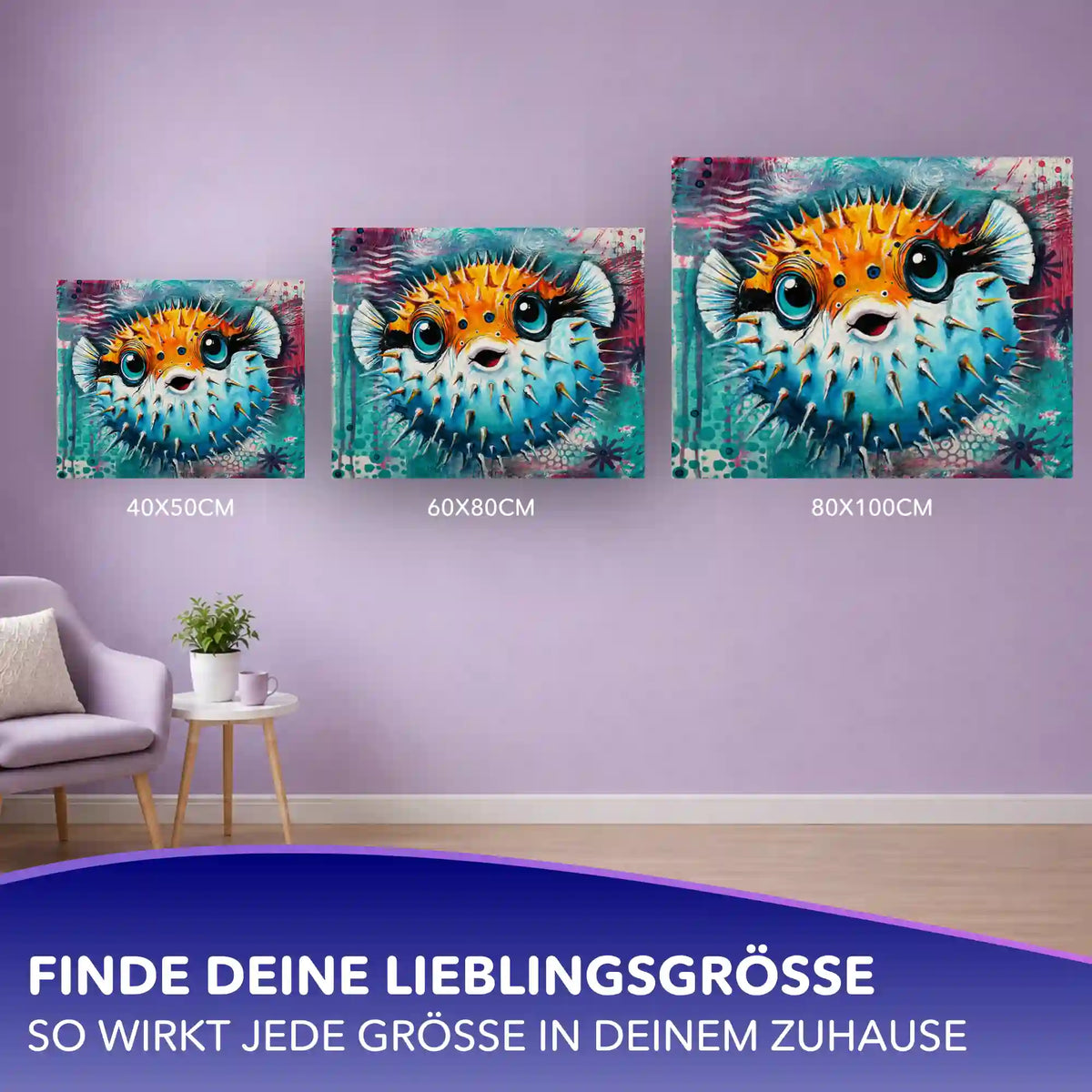 Malen nach Zahlen Erwachsene: Kugelfisch-Motiv Mut zur Größe im Größenvergleich 40x50, 60x80 und 80x100 cm.
