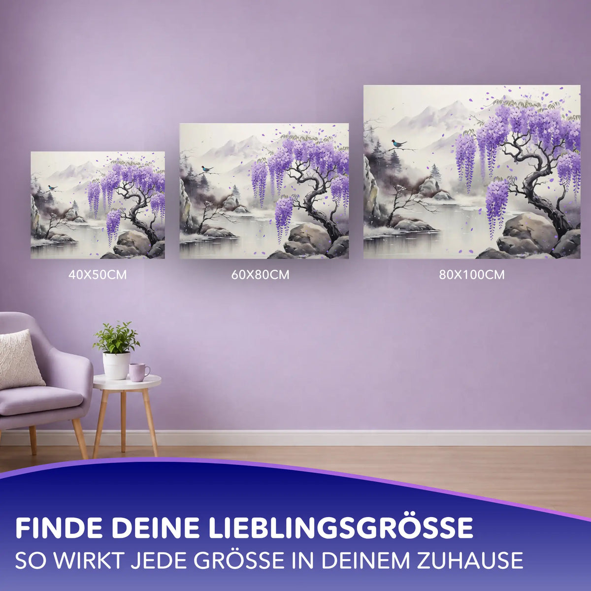 Malen nach Zahlen für Erwachsene: Motiv Blüten im Nebel in drei verschiedenen Größen als Wanddekoration in einem Wohnraum.