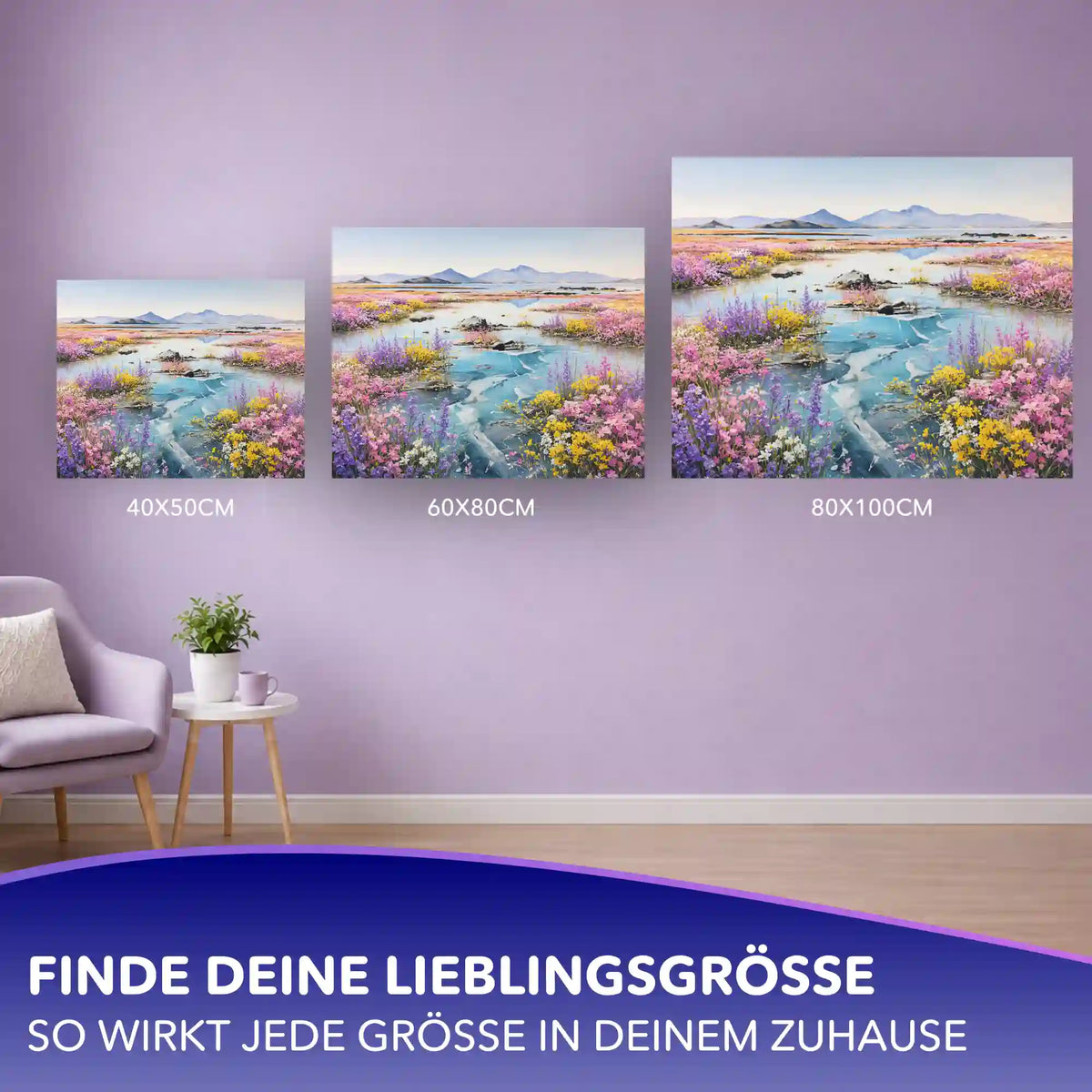 Malen nach Zahlen Farbenfroher Frühling im Größenvergleich an der Wand: Formate 40x50, 60x80 und 80x100 cm.