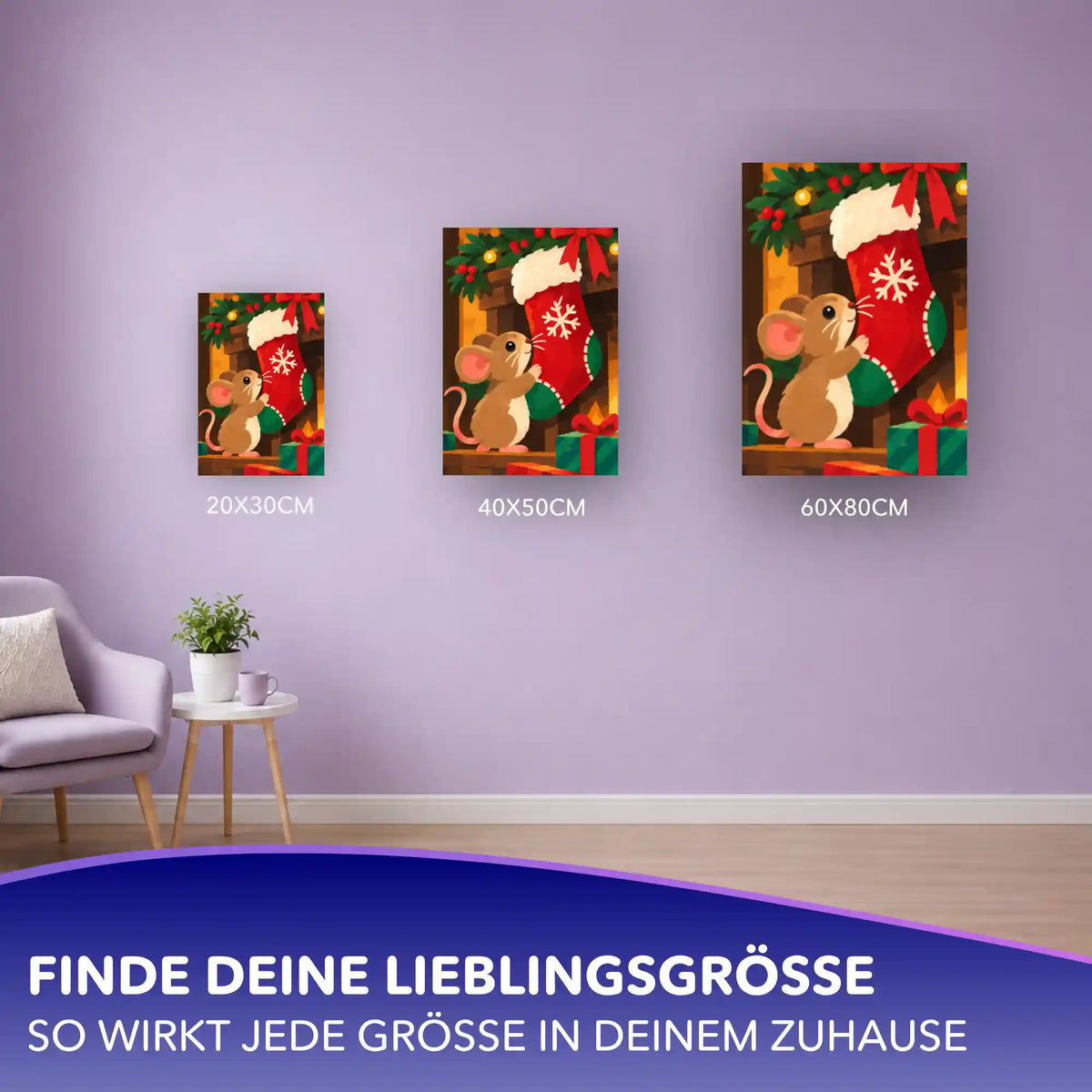 Malen nach Zahlen Weihnachtsmaus mit roter Socke in drei Größen (20x30, 40x50, 60x80 cm) an lila Wand