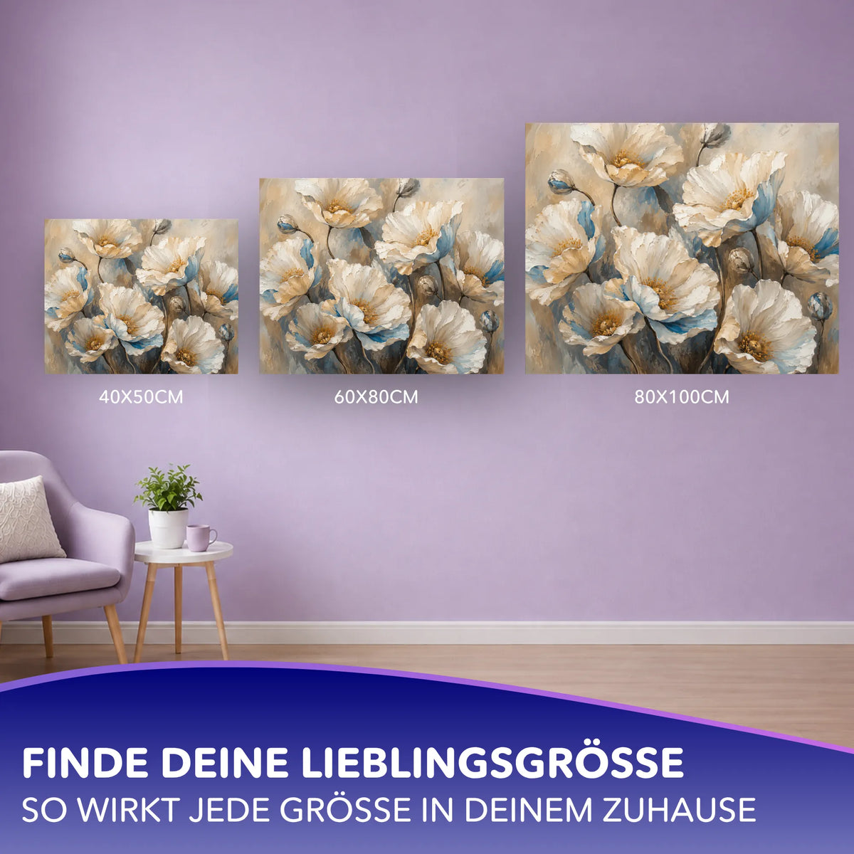 Malen nach Zahlen für Erwachsene: Blüten im Licht in verschiedenen Größen als dekorative Wandbilder zur Wohnraumgestaltung.
