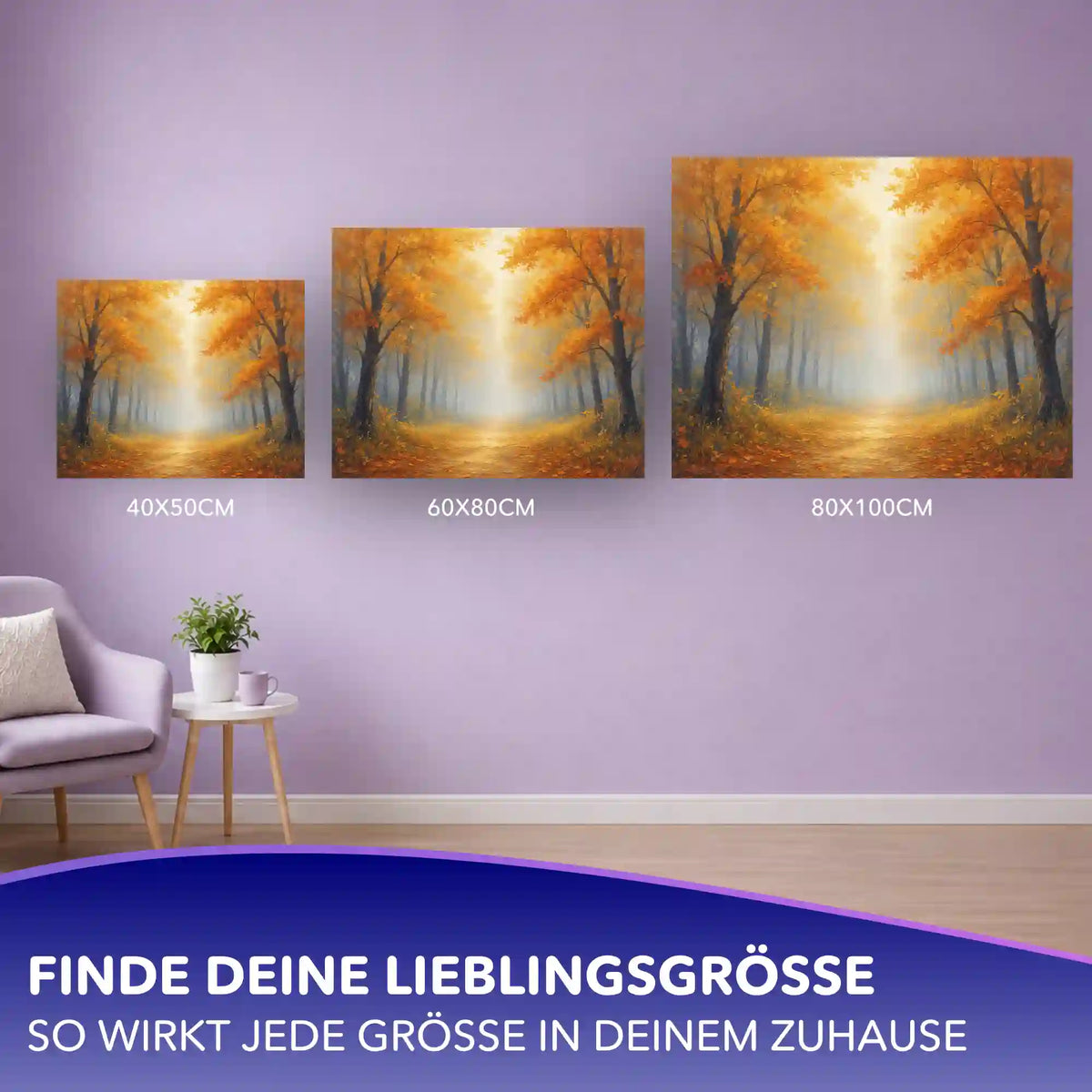 Malen nach Zahlen Erwachsene Licht im Nebel: Größenvergleich des Herbstwald-Motivs an der Wand.