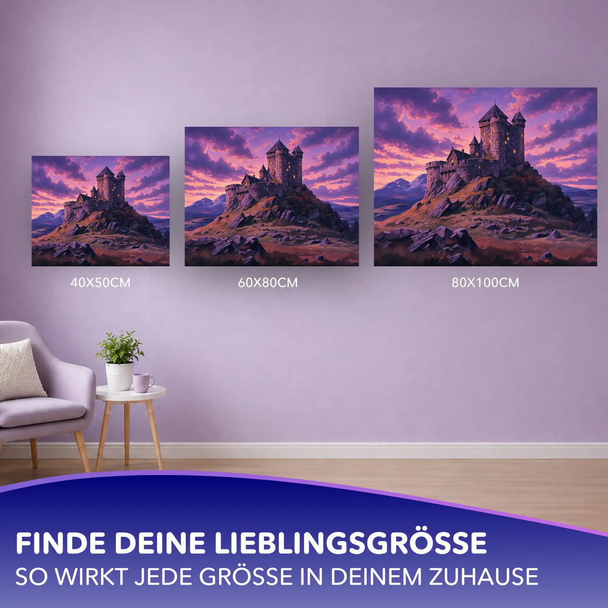 Malen nach Zahlen für Erwachsene Motiv Burg im Abendglanz in verschiedenen Leinwandgrößen an einer lila Wand