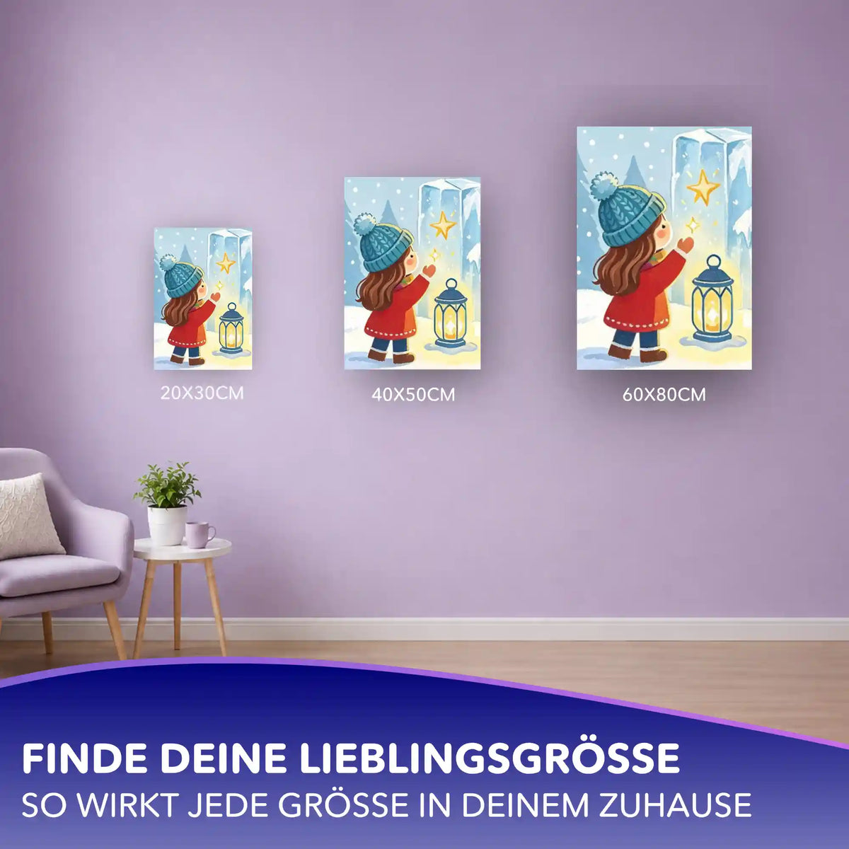 Malen nach Zahlen Mädchen mit Mütze und Laterne im Winter, an der Wand in drei Größen von 20x30 bis 60x80 cm