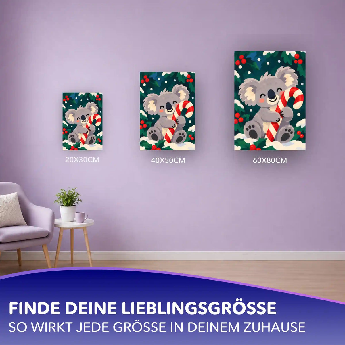 Malen nach Zahlen Koala mit Zuckerstange in drei Größen (20x30, 40x50, 60x80 cm) an lila Wand, Weihnachtsmotiv