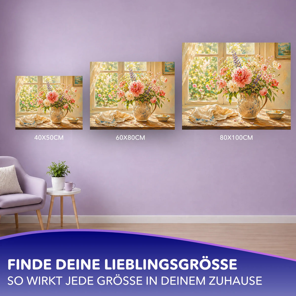 Malen nach Zahlen Erwachsene Set Im Licht des Morgens in verschiedenen Größen mit Blumenstrauß-Motiv für das Wohnzimmer