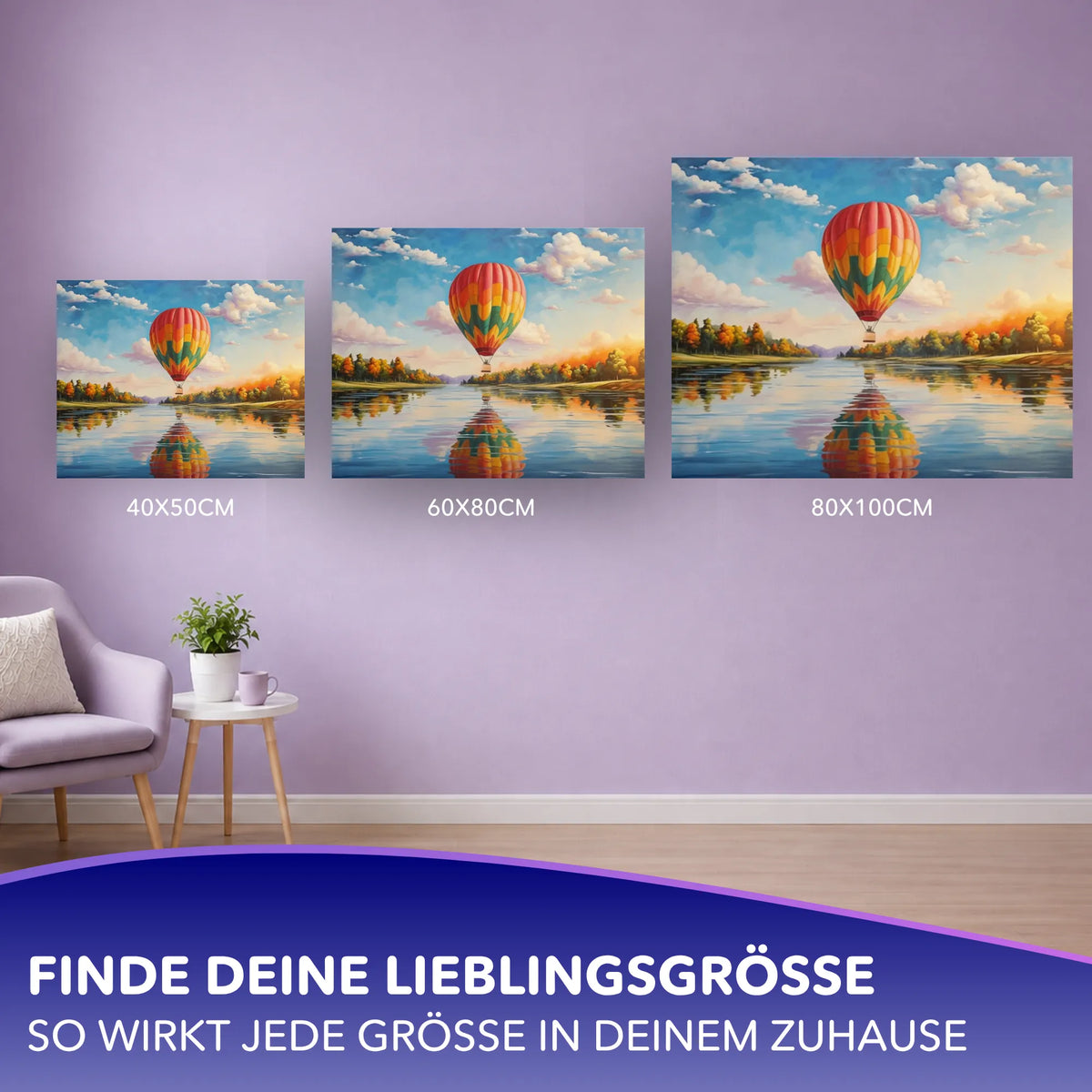 Malen nach Zahlen für Erwachsene: Heißluftballon über Fluss in verschiedenen Größen zur Wanddekoration