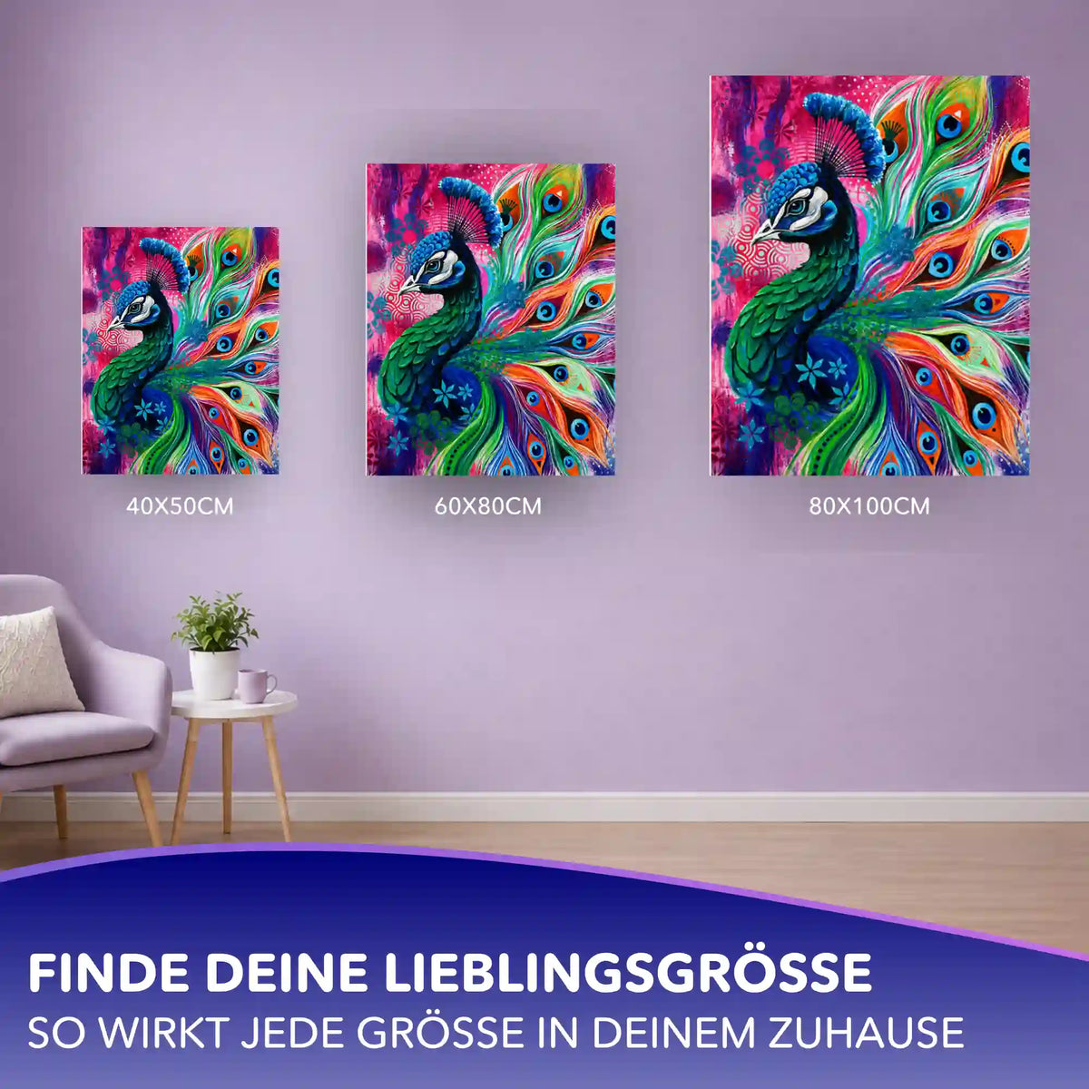 Malen nach Zahlen Erwachsene Pfau: Größenvergleich in 40x50, 60x80 und 80x100 cm an der Wand.