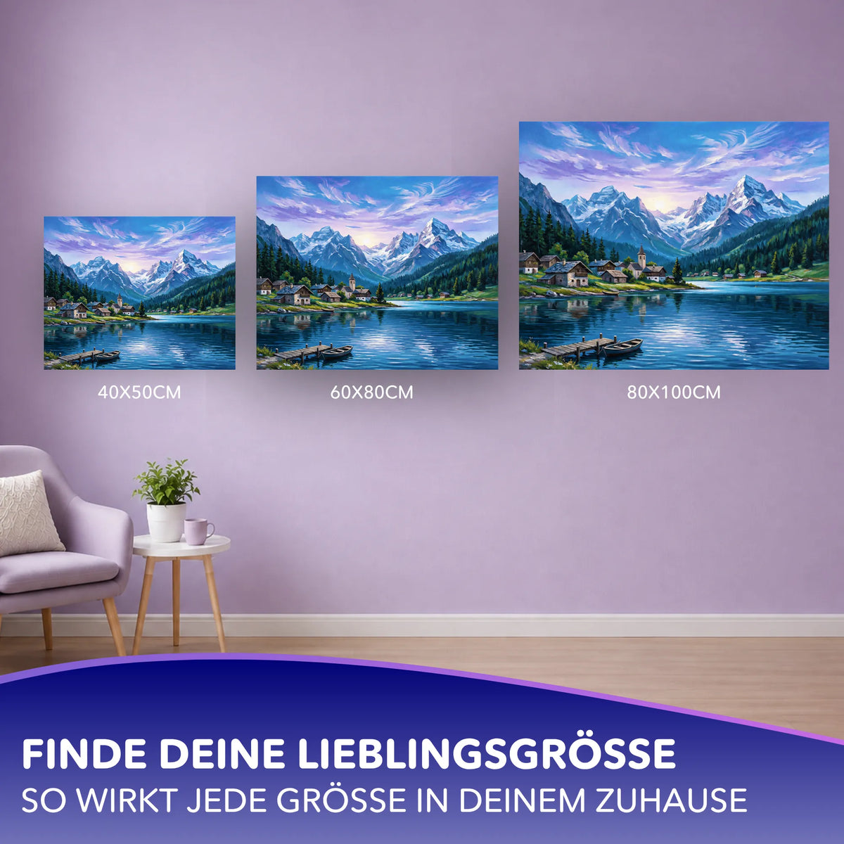 Malen nach Zahlen für Erwachsene: Bergsee-Motiv in drei Größen an einer lila Wand als Deko-Inspiration