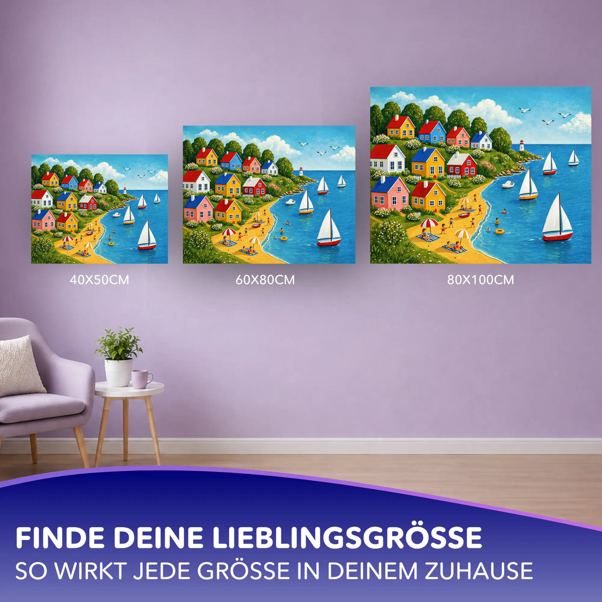 Malen nach Zahlen für Erwachsene Motiv Glück am Meer in verschiedenen Größen an einer Wand präsentiert