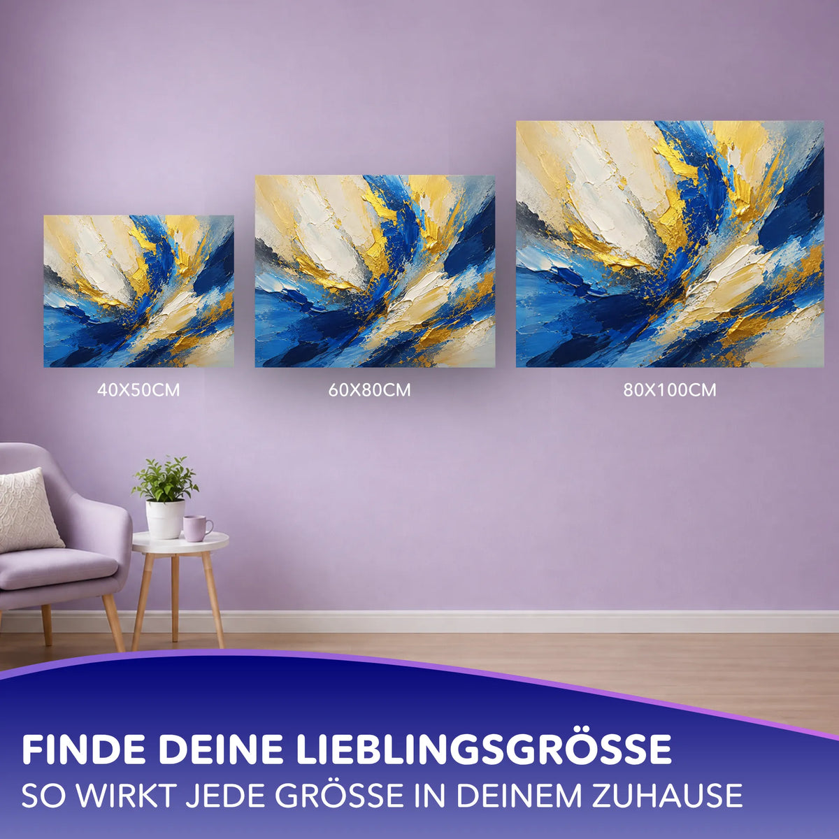 Malen nach Zahlen für Erwachsene: Abstraktes blau-goldenes Motiv in verschiedenen Größen zur Wandgestaltung