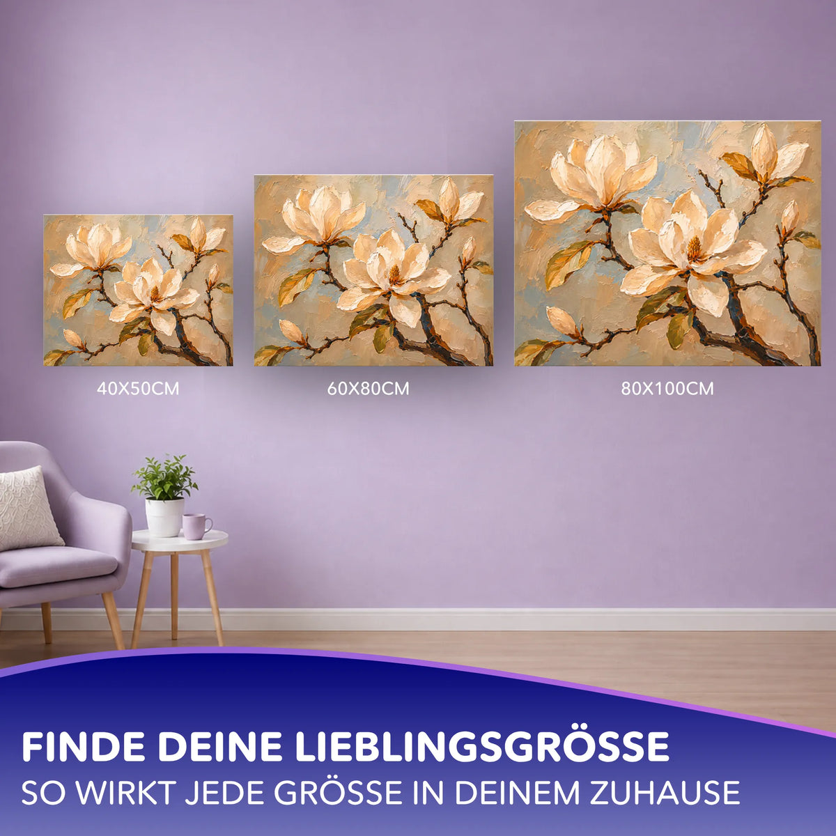 Malen nach Zahlen für Erwachsene Motiv Magnolien in drei verschiedenen Leinwandgrößen zur Wanddekoration