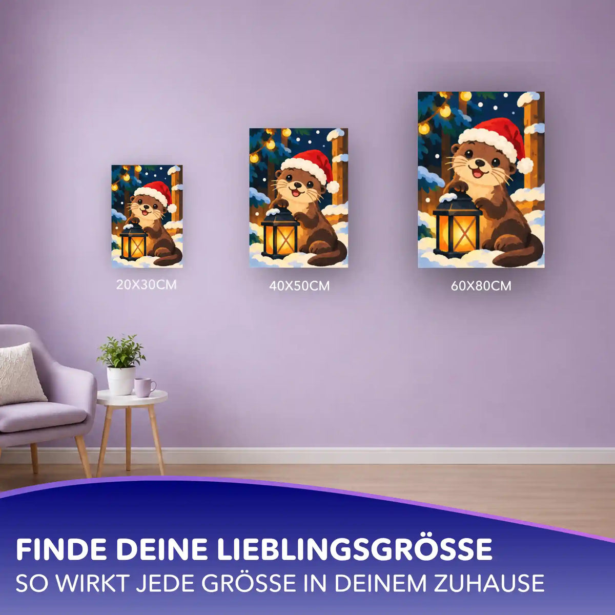 Malen nach Zahlen Otter mit Weihnachtsmütze und Laterne im Schnee, drei Größen von 20x30 bis 60x80 cm an lila Wand