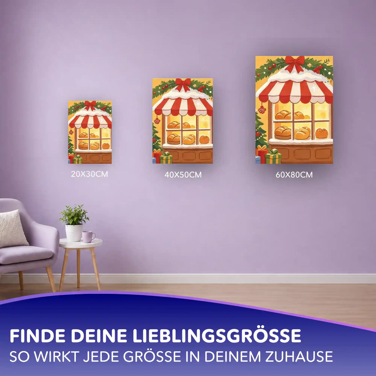 Malen nach Zahlen Weihnachtsbäckerei in drei Größen an lila Wand: Bäckerei mit rot-weißem Vordach und Brötchen im Fenster