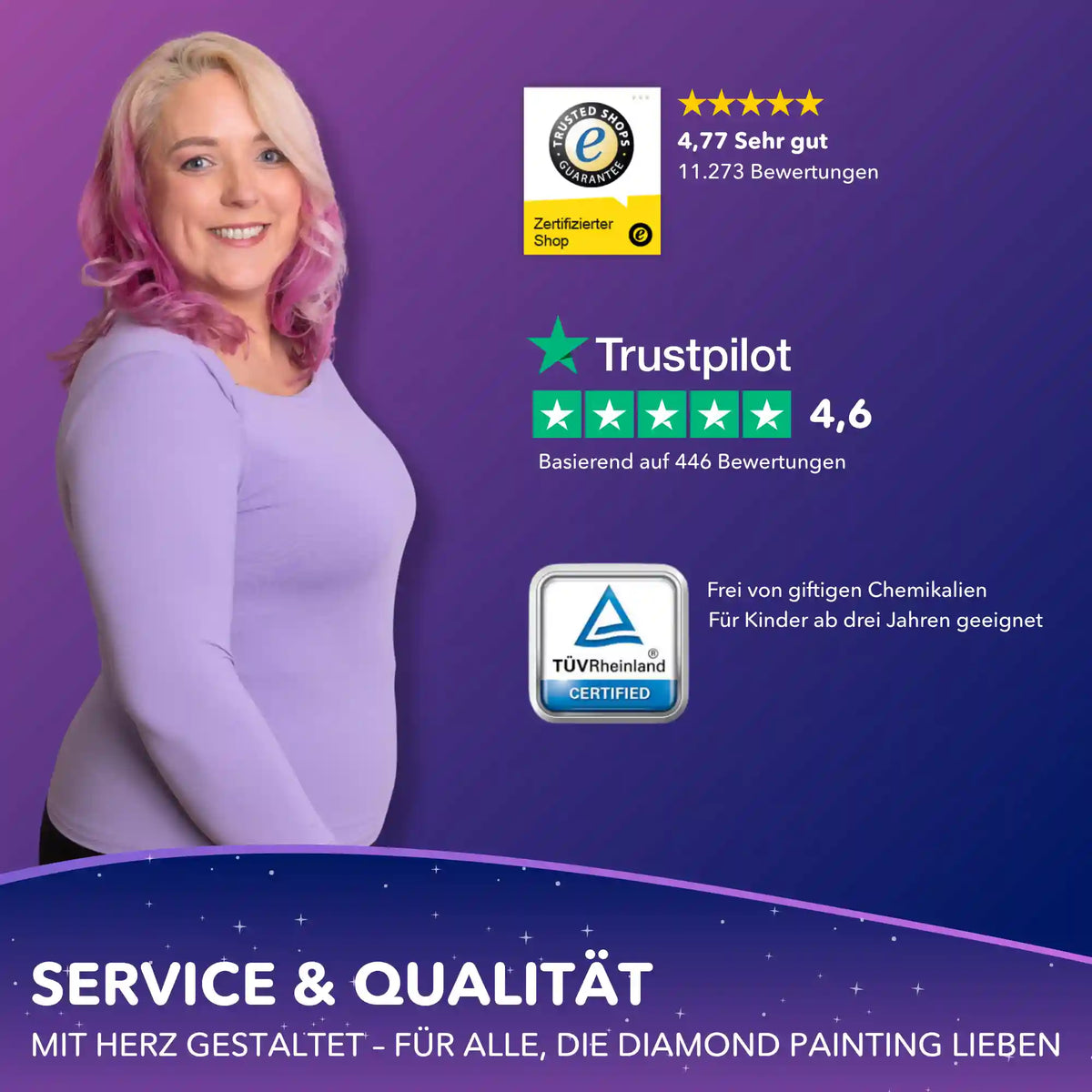 Picmondoo Service & Qualität: TÜV-Zertifikat und Top-Kundenbewertungen für sichere Diamond Painting Sets.