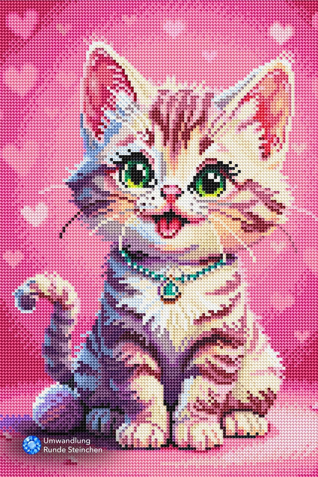 Diamond Painting Set Pippa: Niedliches Kätzchen mit großen grünen Augen und Herzchen-Hintergrund aus runden Glitzersteinen.