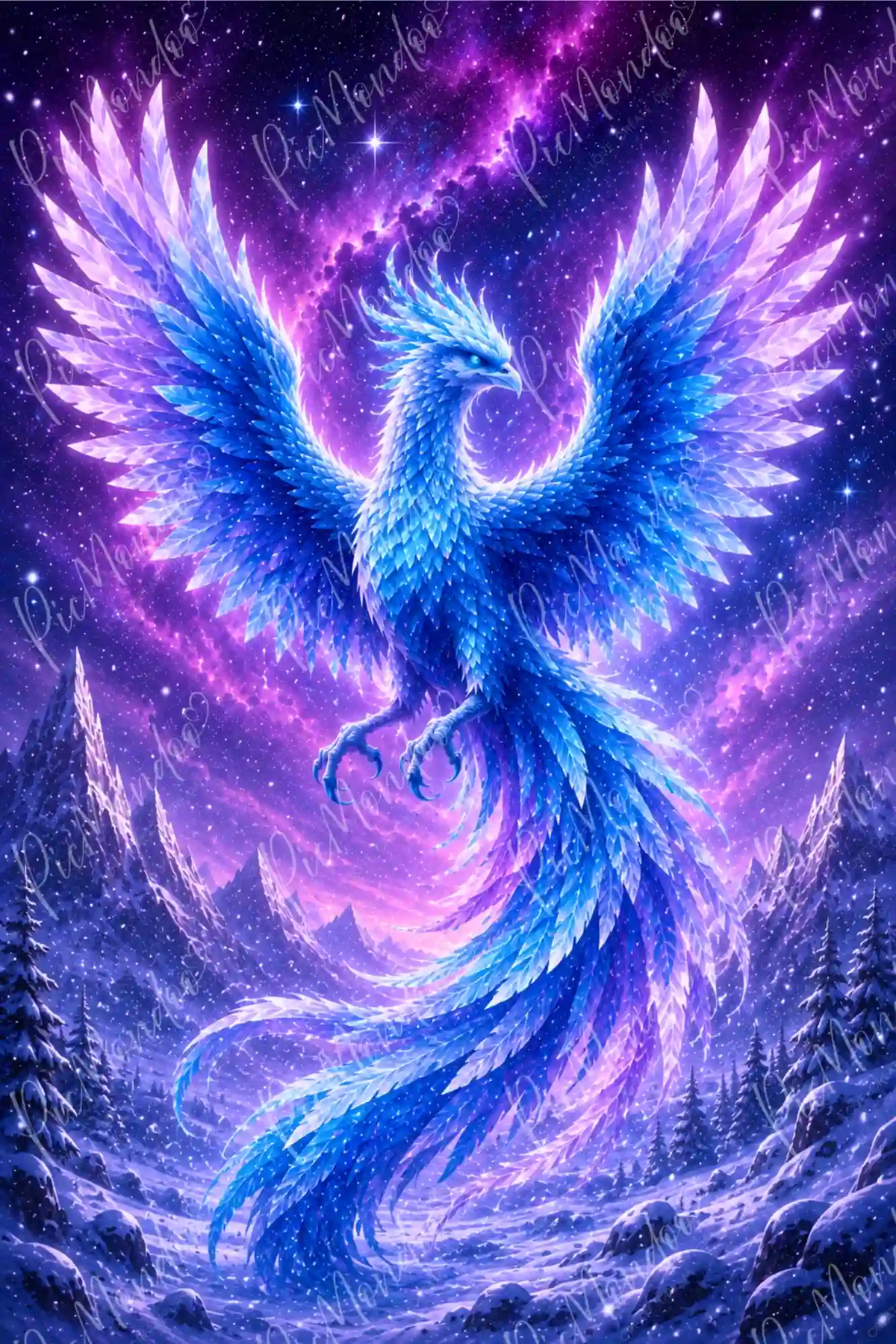 Diamond Painting Winterphönix: Magischer Eis-Phönix über verschneiten Bergen und lila Sternenhimmel.