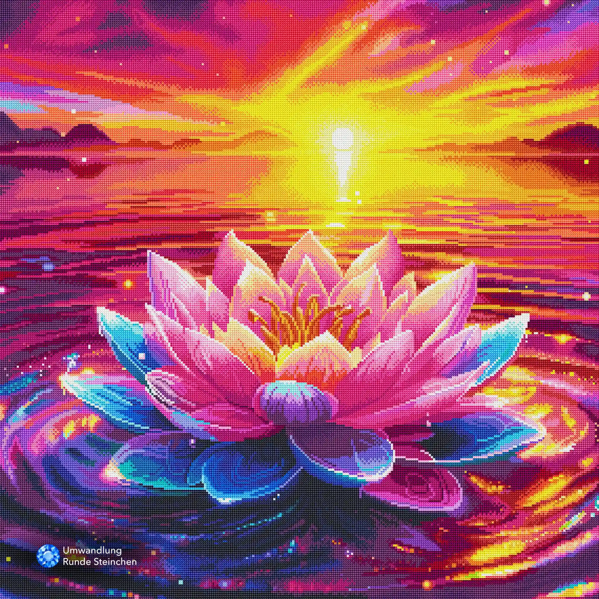 Fertiges Diamond Painting Set mit pinker Lotusblüte auf einem See bei goldenem Sonnenuntergang und glitzernden Steinen.