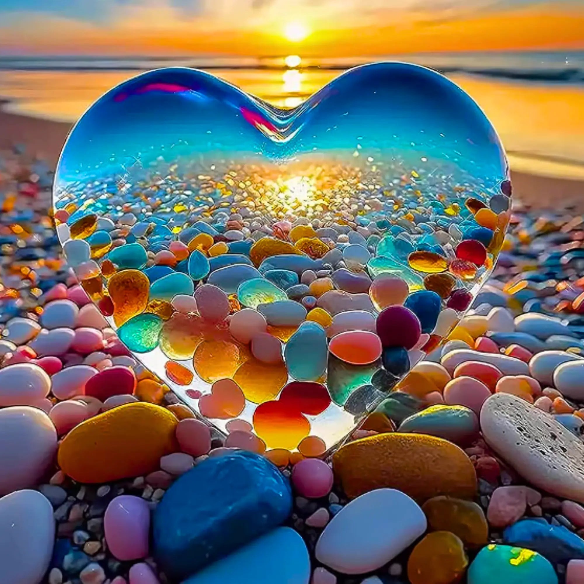 Diamond Painting Herz des Meeres mit bunten Steinen am Strand bei Sonnenuntergang für kreatives DIY-Hobby